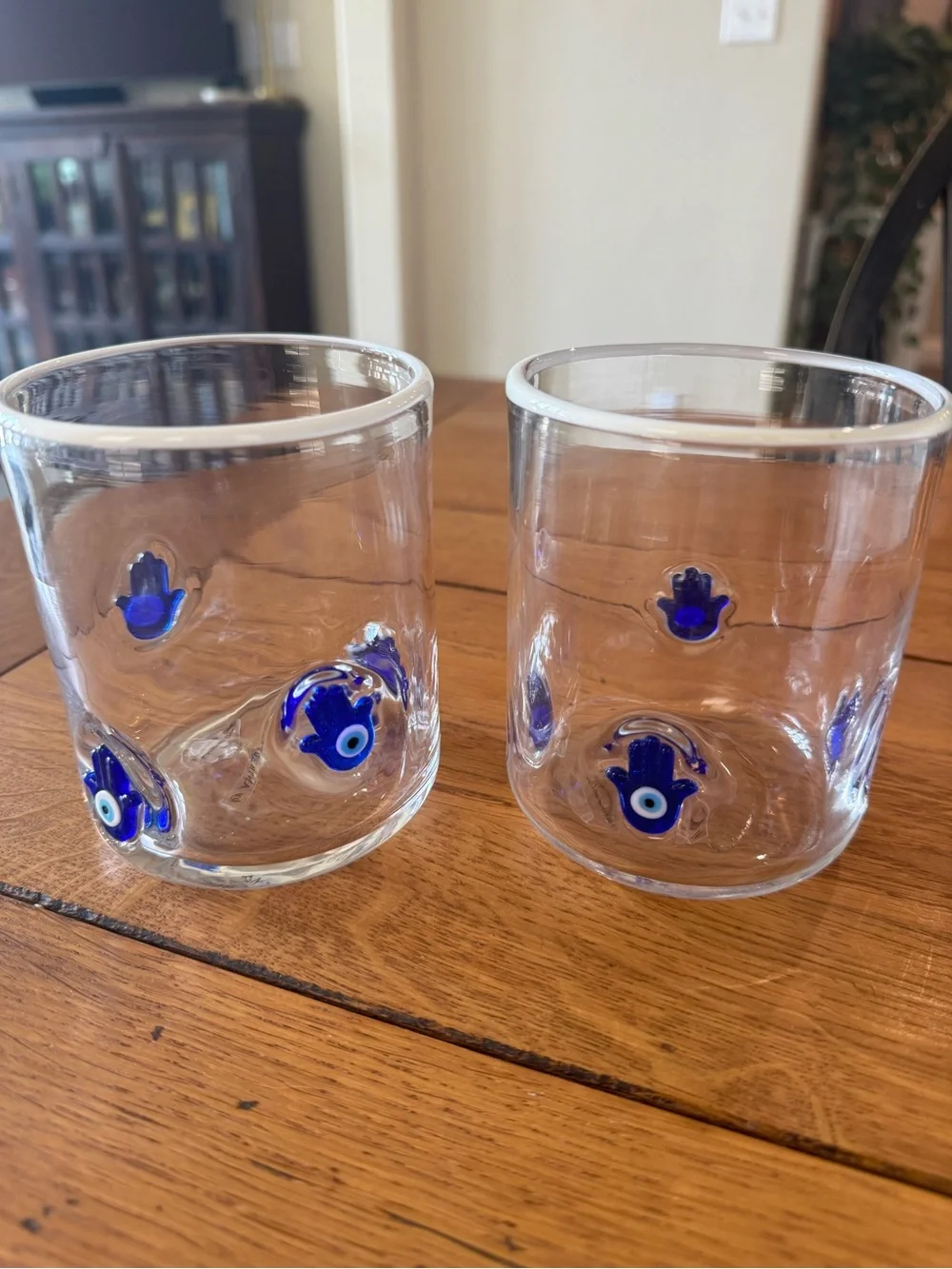 NWT Pair of Anthropologie Clear Juice Glass with Blue Hamsa Motifs